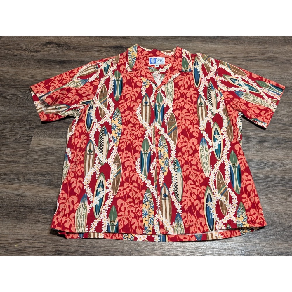 RJC Mens XL Hawaiian Aloha Shirt Red Surfboard Hibiscus Floral Cotton USA Made